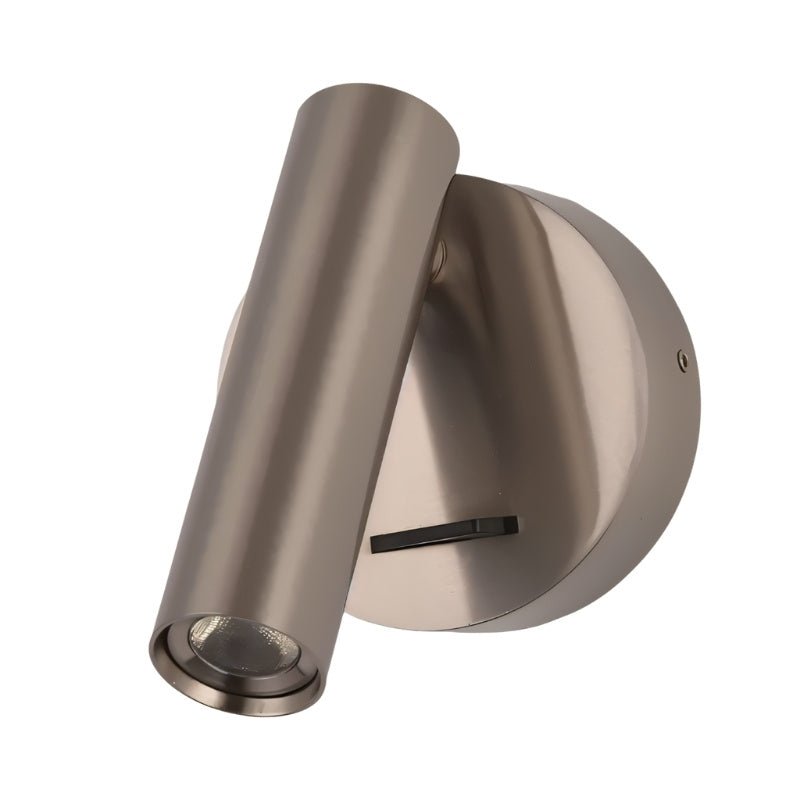 "A nickel aluminum wall lamp with an adjustable cylindrical head, shown against a white background."