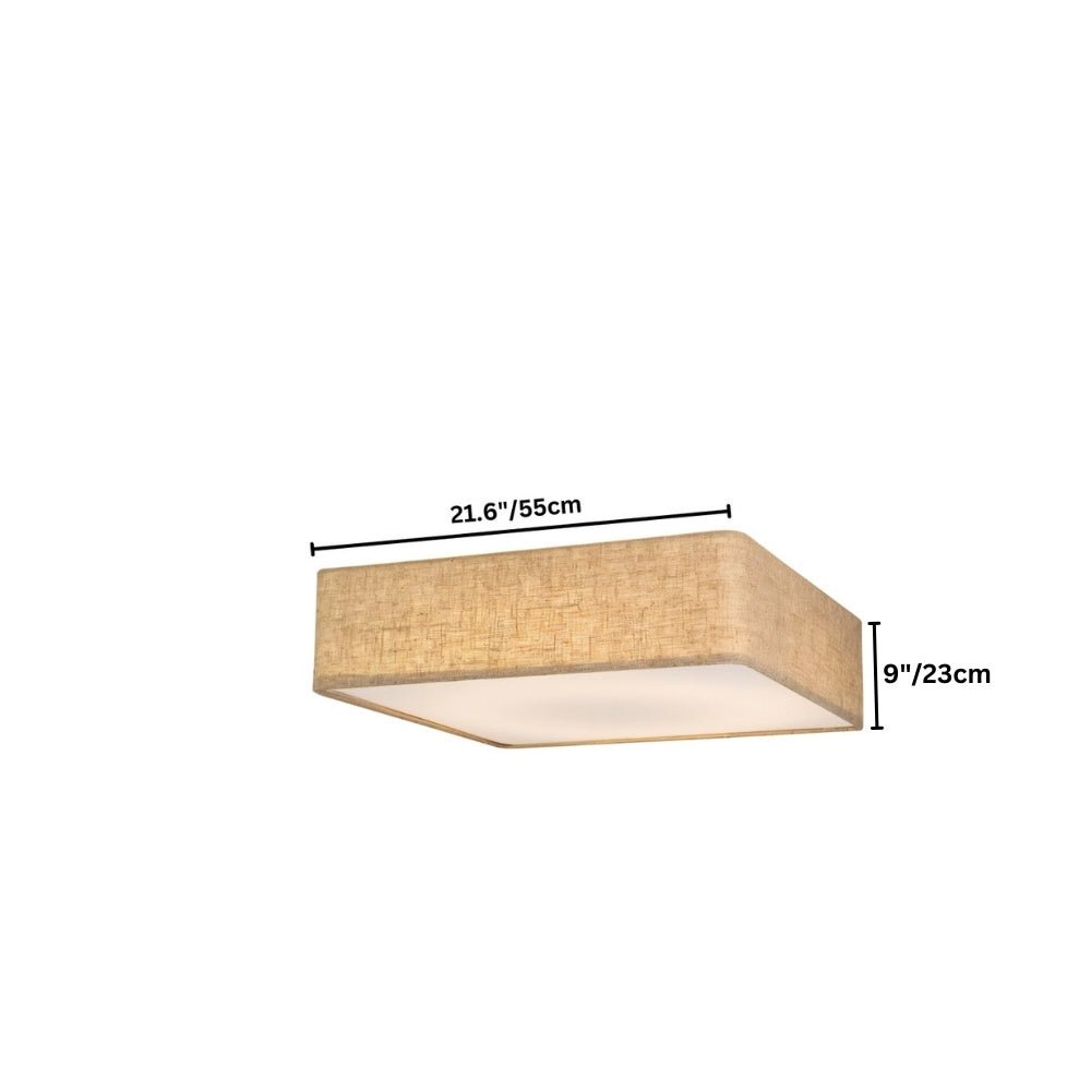 "Dimensions of a minimalist fabric ceiling light, showing 9 inches in height and 21.6 inches in width."