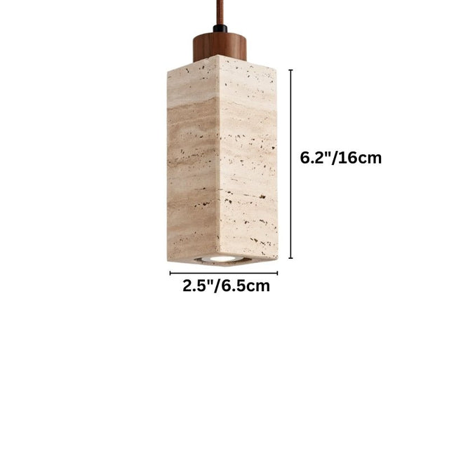 "Dimensions of a modern minimalist pendant light with a rectangular travertine body: 6.2 inches in height and 2.5 inches in width."