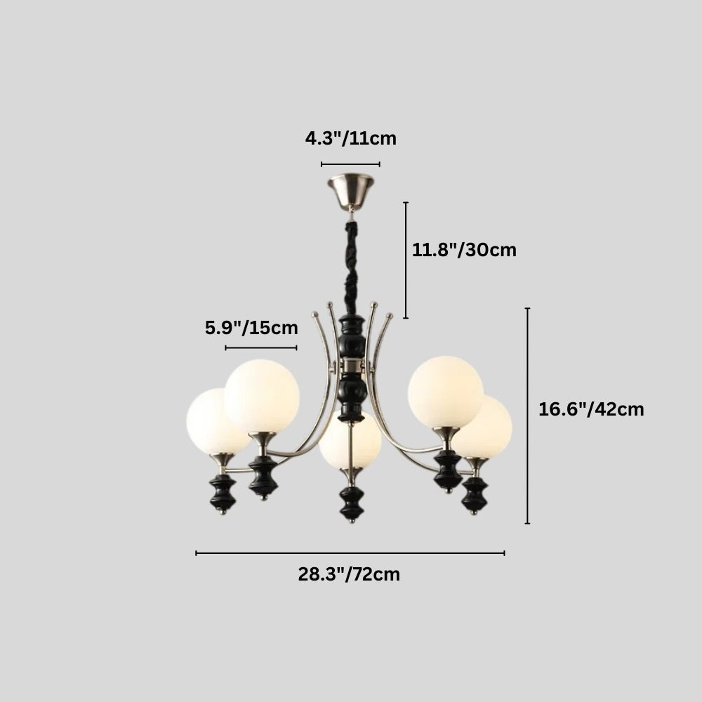 "Dimensions diagram of a modern chandelier with five frosted glass globes, curved arms, and black detailing."