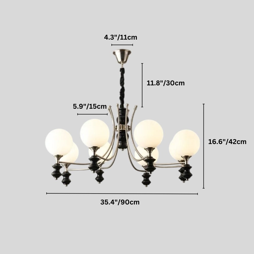 "Dimensions diagram of a modern chandelier with six frosted glass globes, curved arms, and black detailing."