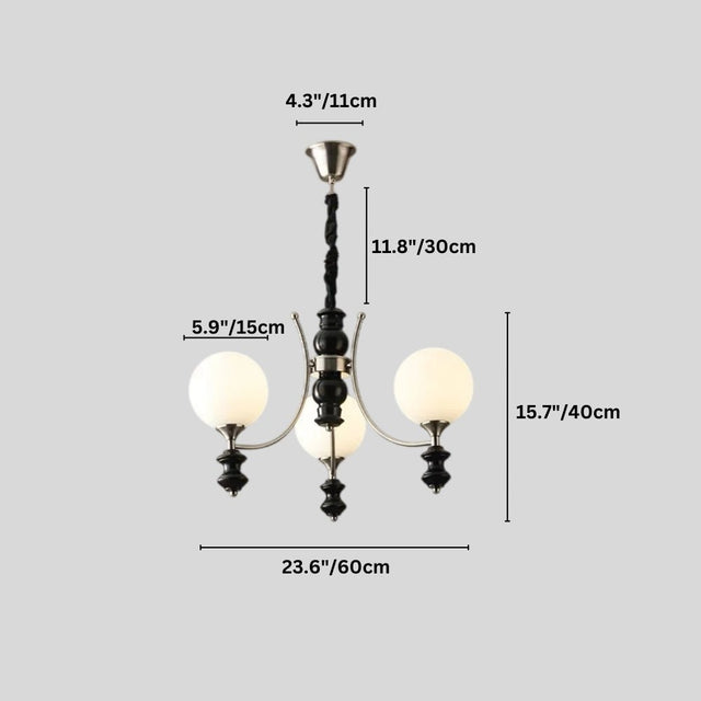 "Dimensions diagram of a modern chandelier with three frosted glass globes, curved arms, and black detailing."