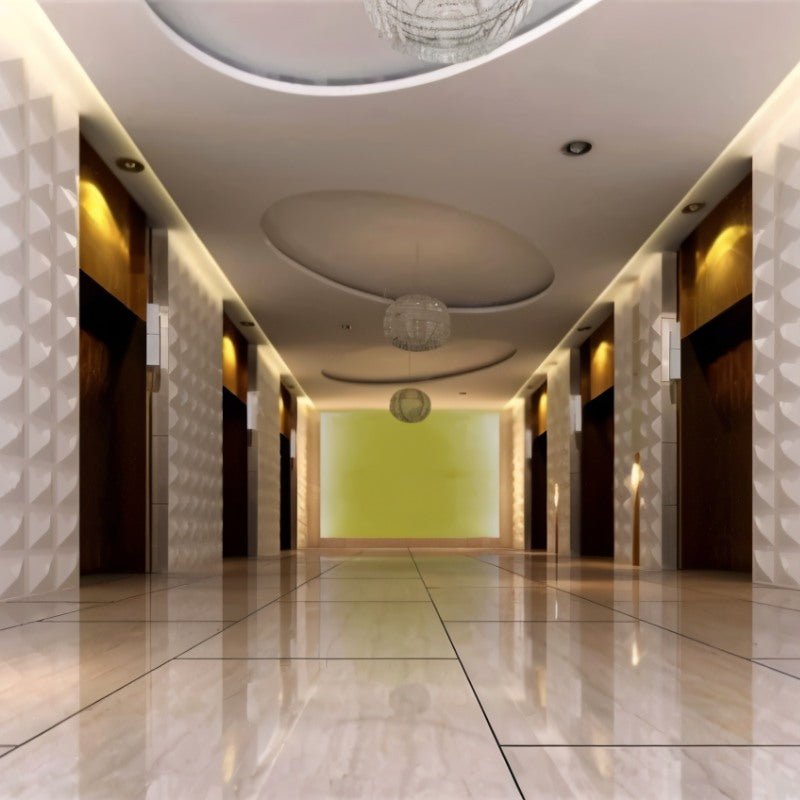 Badra Wall Panel - Stylish 3D Outdoor Wall Panels for Modern Spaces lining the walls of a modern lobby with glossy floors and artistic ceiling design.