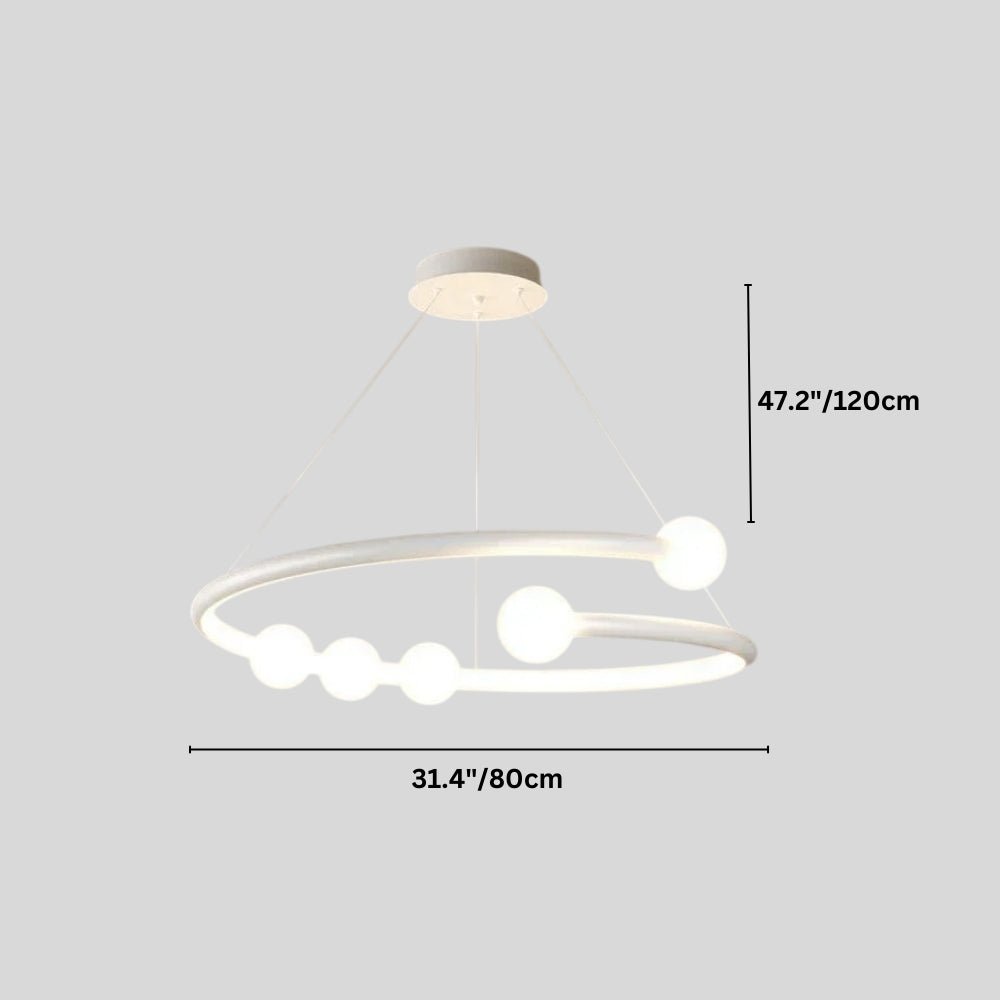 "Dimensions diagram of a modern circular chandelier with minimalist bulb holders."