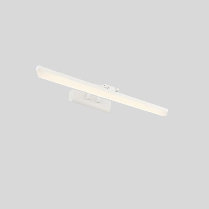 "A white LED vanity light with a sleek, elongated design and uniform illumination on a gray background."