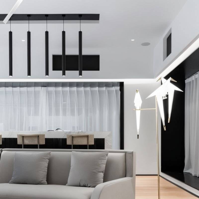 Black aluminum Benni Pendant Lights in a sleek living space with a gray sofa, minimalist decor, and a modern dining area.