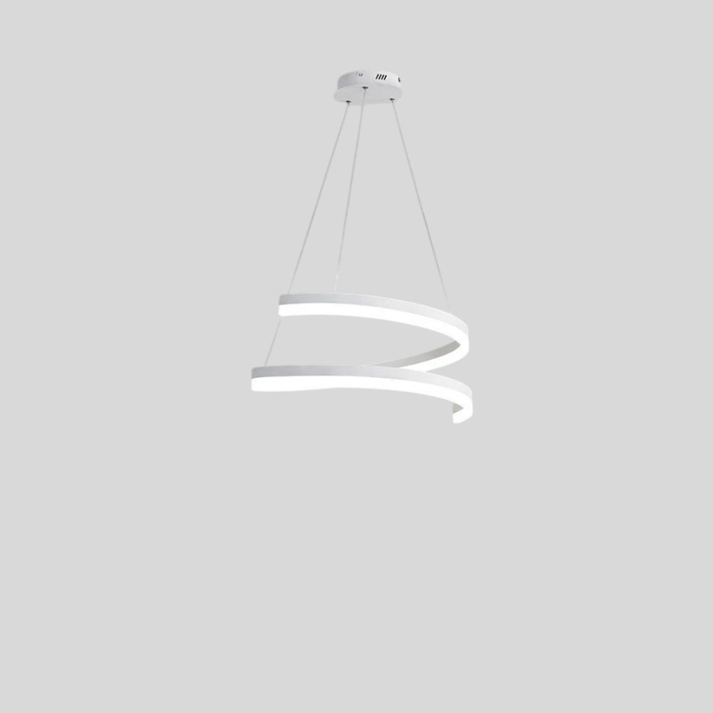 "Modern pendant light with a white spiral ribbon design, suspended by cables, isolated on a gray background."
