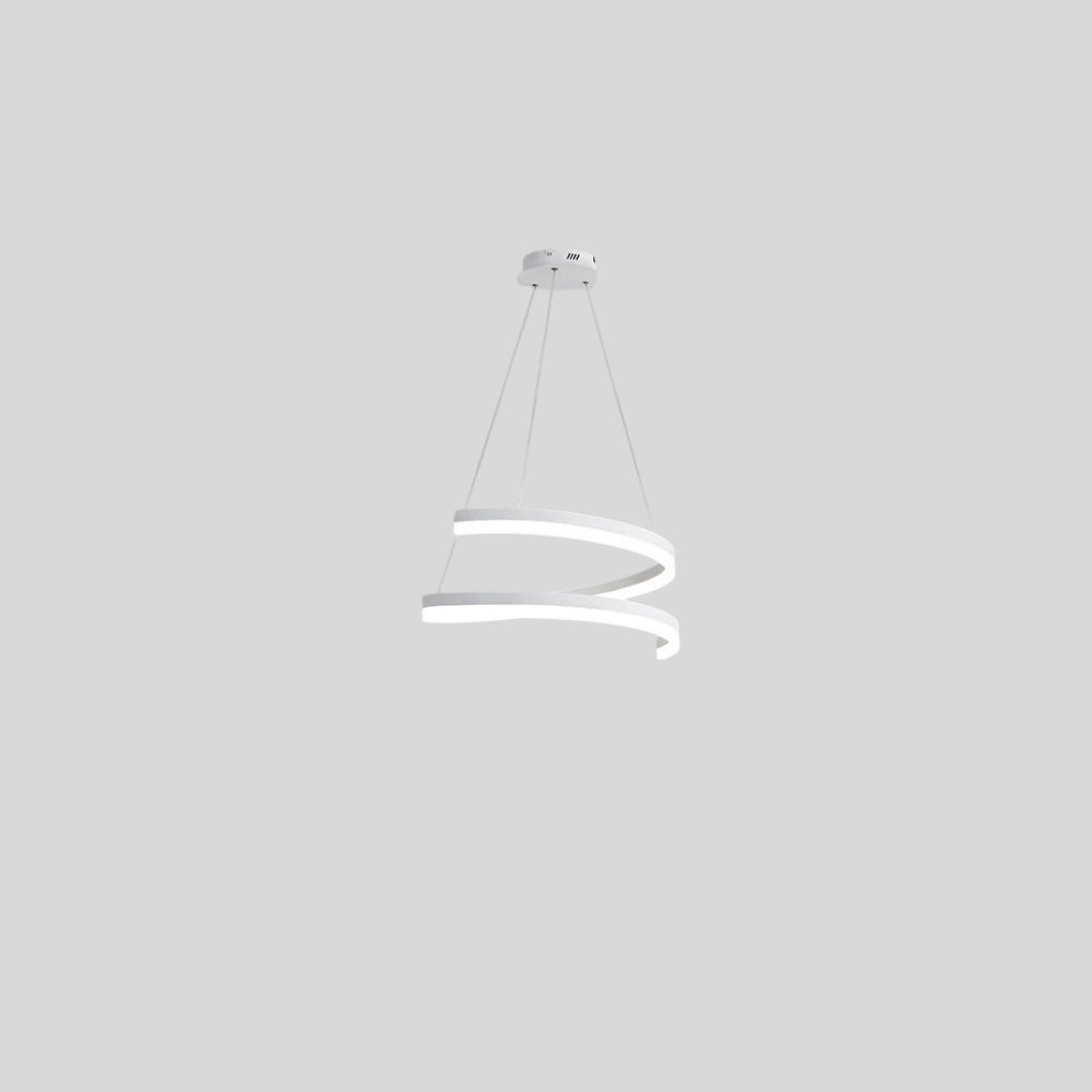 "Modern pendant light with a white spiral ribbon design, isolated on a gray background."