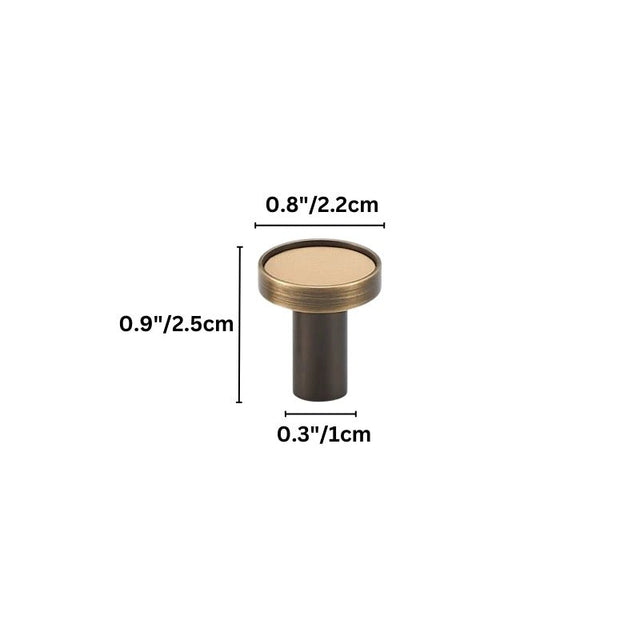 "Dimensions of a round brass cabinet knob with callouts for height, width, and depth."