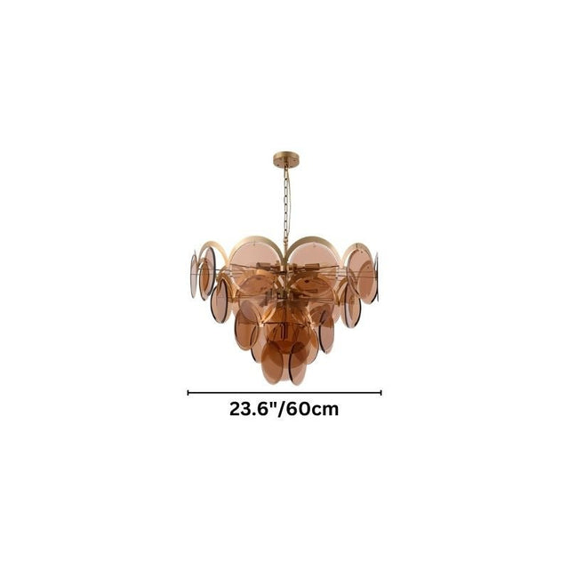 "A small modern chandelier with layered smoked glass discs and a gold frame, suspended against a white background."