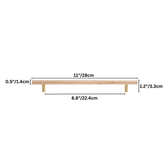 "Dimensions of a modern wooden pull bar handle, showing 11 inches in length, 0.5 inches in height, and 8.8 inches center-to-center width."