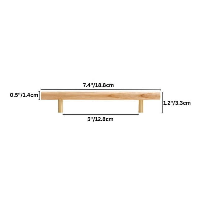 "Dimensions of a modern wooden pull bar handle, showing 7.4 inches in length, 0.5 inches in height, and 5 inches center-to-center width."
