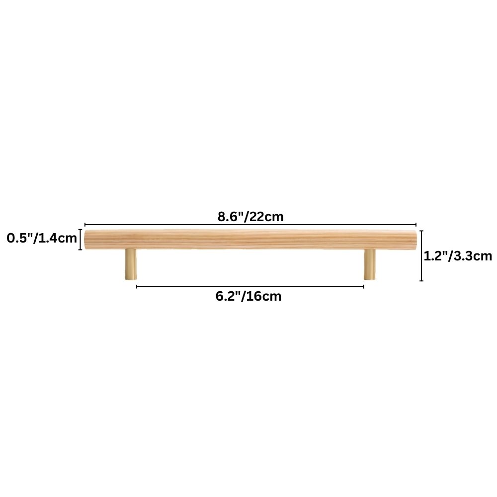 "Dimensions of a modern wooden pull bar handle, showing 8.6 inches in length, 0.5 inches in height, and 6.2 inches center-to-center width."