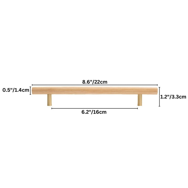 "Dimensions of a modern wooden pull bar handle, showing 8.6 inches in length, 0.5 inches in height, and 6.2 inches center-to-center width."