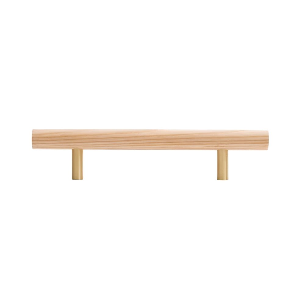 "Light wood pull bar handle with brass details on a white background."