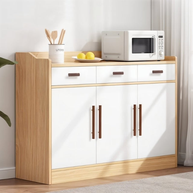 "Modern kitchen cabinet with natural wood pull handles and brass accents."