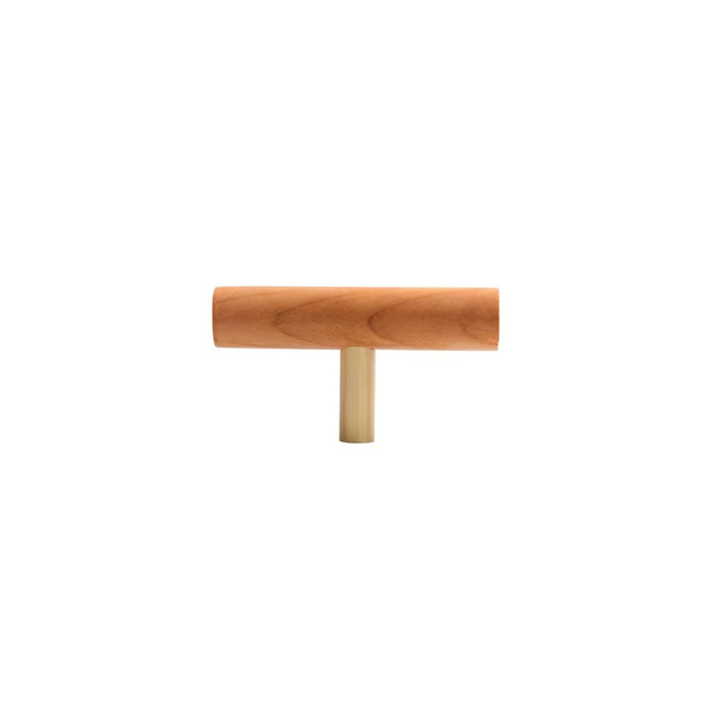 "Dark wood T-bar knob with brass base on a white background."