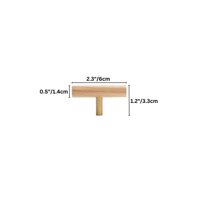 "Dimensions of a wooden T-bar knob, showing 2.3 inches in width, 0.5 inches in height, and 1.2 inches in base diameter."