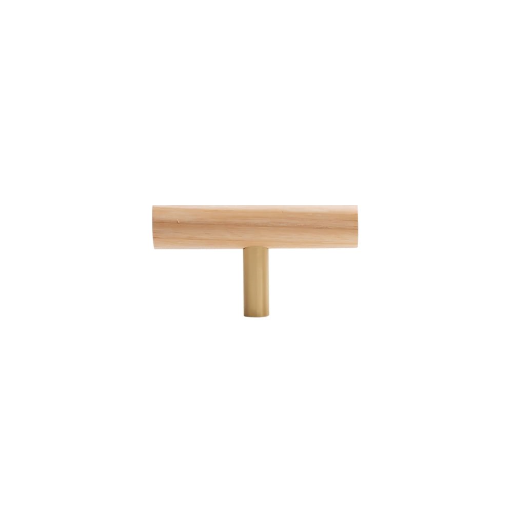 "Natural finish wooden T-bar knob with brass base on a white background."