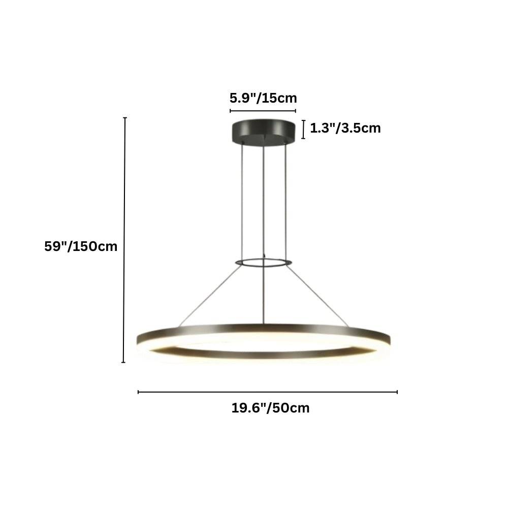 "Dimensions, 59 inches total height, 19.6 inches ring diameter, 5.9 inches canopy diameter, and 1.3 inches canopy height, of a modern ring chandelier."