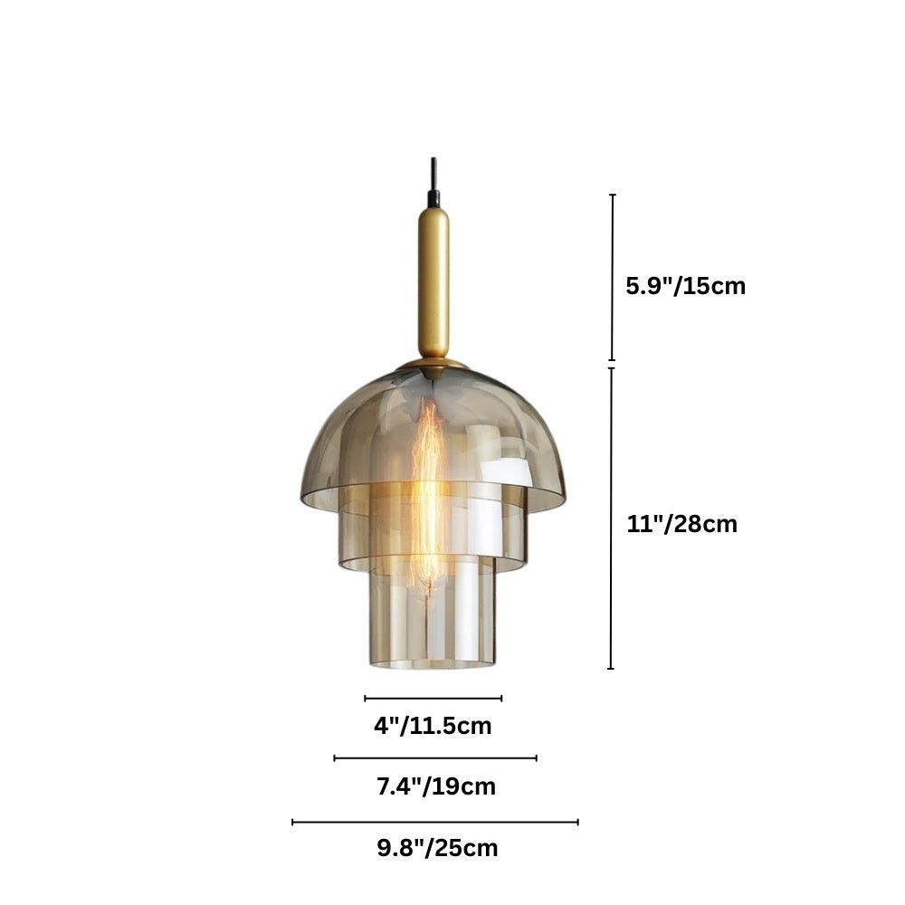 "Dimensions diagram of a modern pendant light with layered smoked glass shade and metallic accent."
