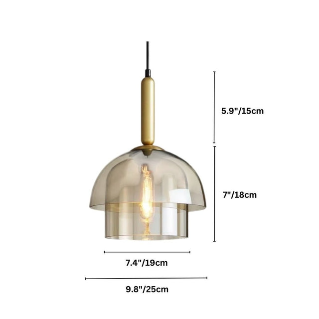 "Dimensions diagram of a modern pendant light with layered smoked glass shade and metallic accent."