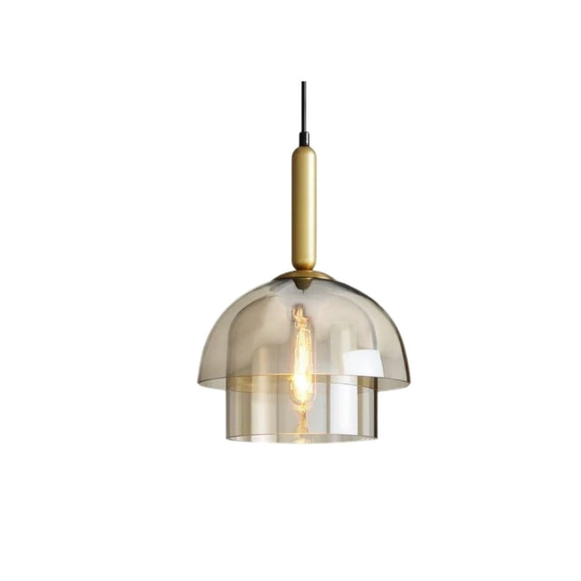 "Modern pendant light with layered smoked glass shade and metallic accent, isolated on a white background."