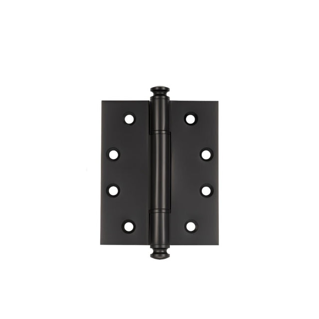 "A black solid brass barrel hinge with decorative finials, isolated on a white background."