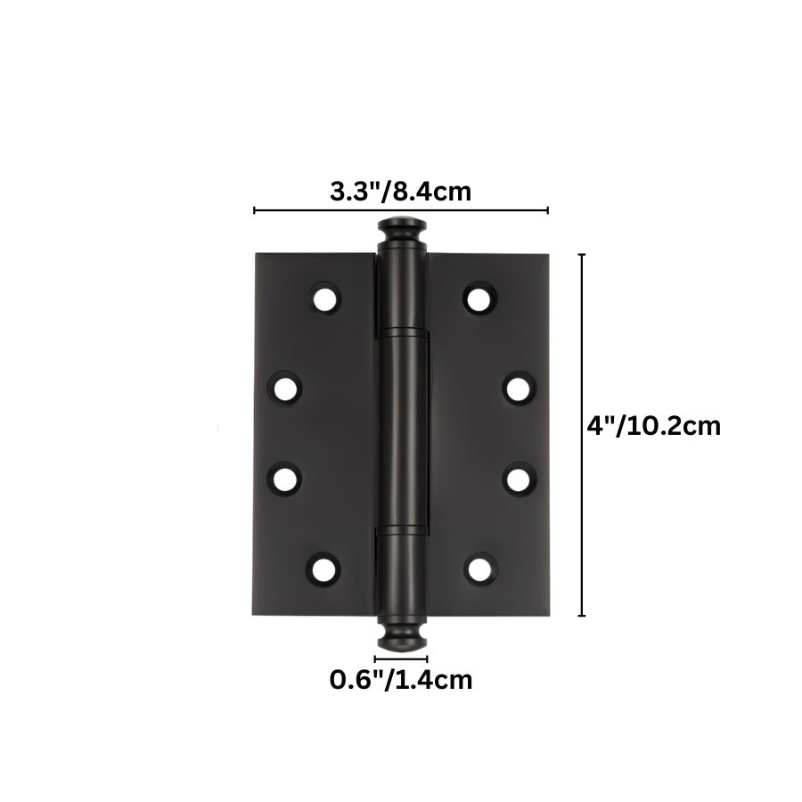 "A solid brass barrel hinge with decorative finials, shown with dimensions."