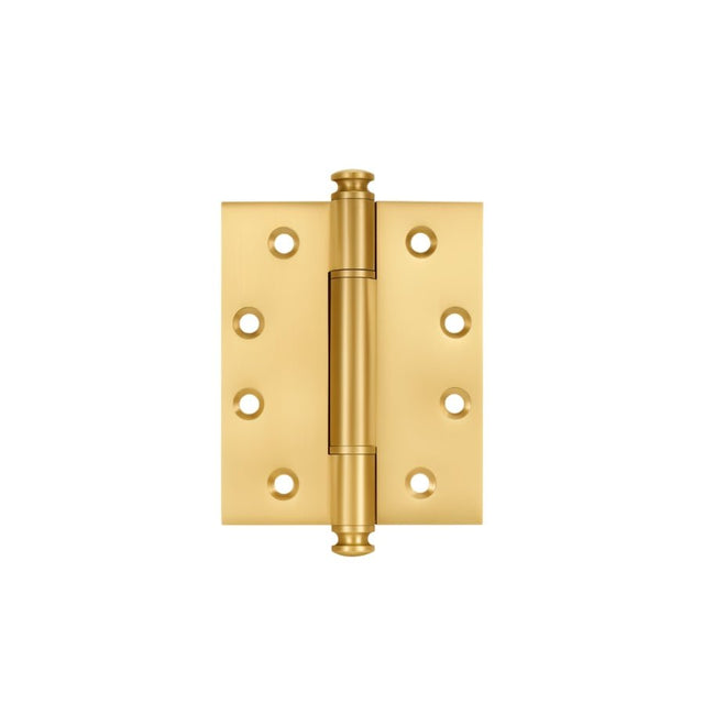 "A polished solid brass barrel hinge with decorative finials, isolated on a white background."
