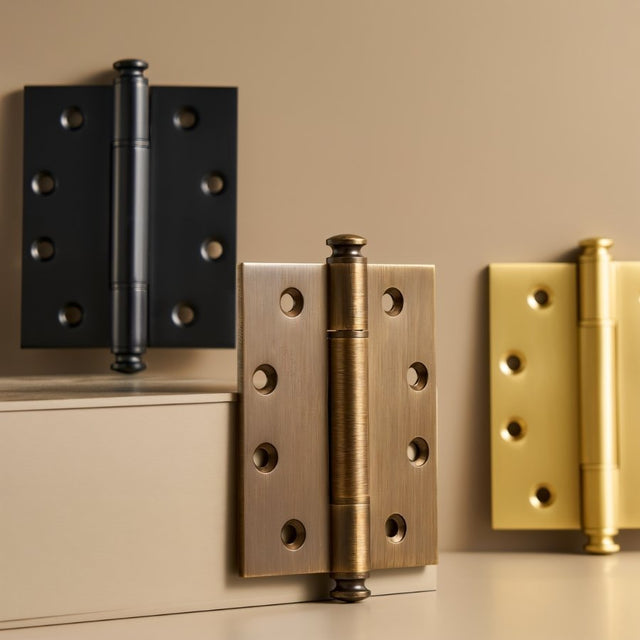 "Three solid brass barrel hinges with decorative finials in black, antique, and polished finishes, shown on a beige background."