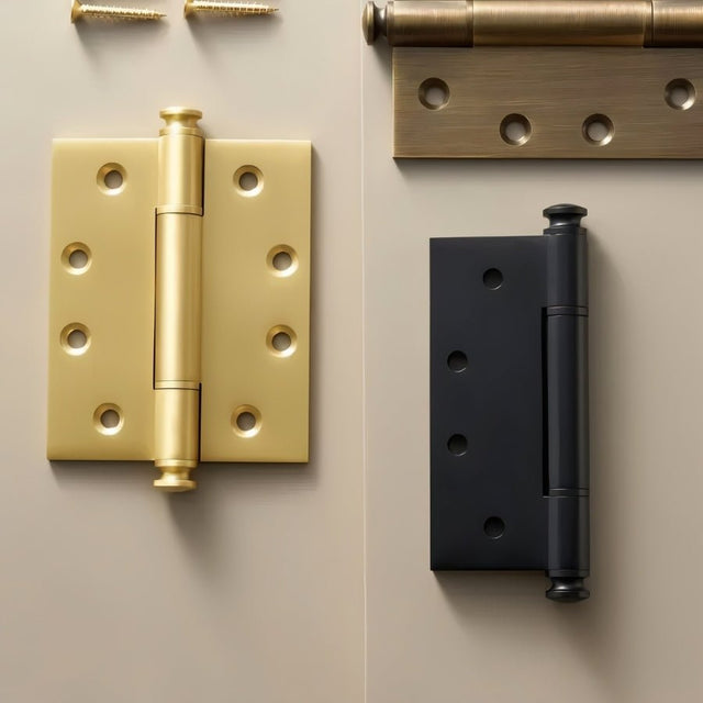 "Three solid brass barrel hinges with decorative finials in polished, antique, and black finishes, shown with screws on a light background."