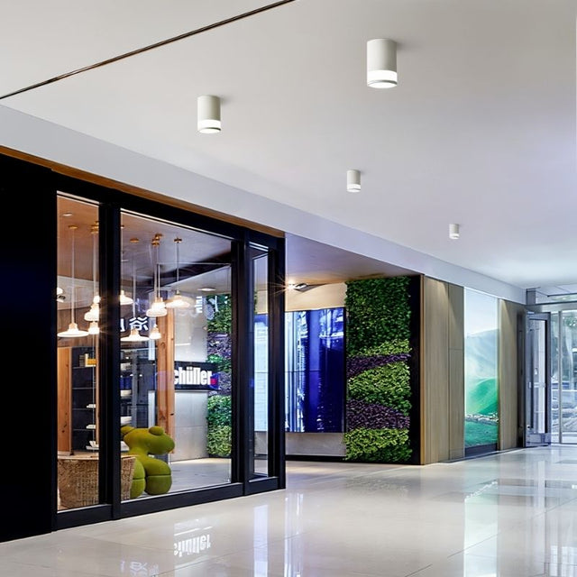 "Sleek ceiling lights in a commercial space, offering functional lighting and a modern aesthetic. Perfect for use in offices, lobbies, or corridors."