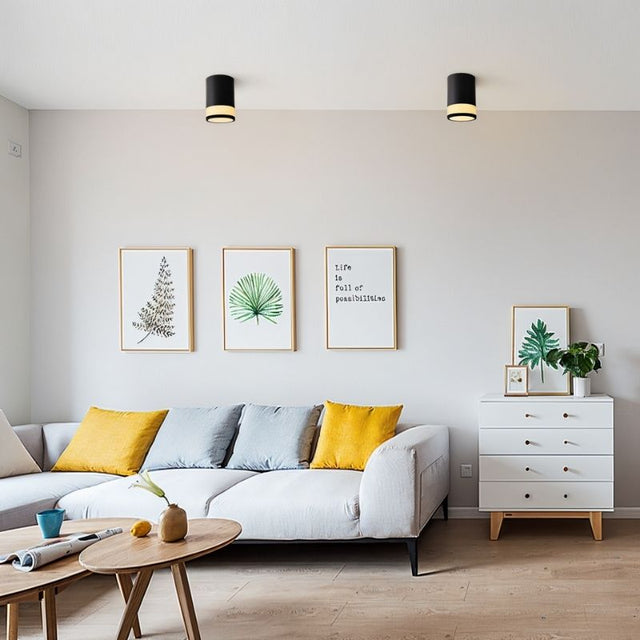 "Ceiling light in a modern living room, offering soft, ambient lighting and complementing the stylish décor with its clean cylindrical shape."