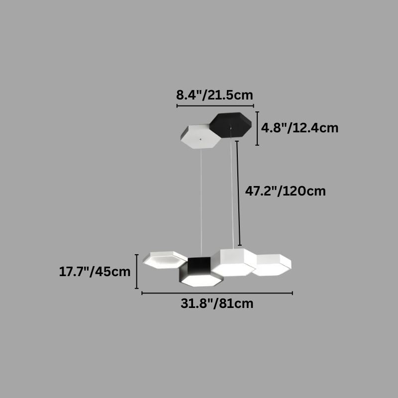 "A diagram showing the dimensions of a hexagonal pendant light, including height, width, and individual hexagon sizes in inches and centimeters."
