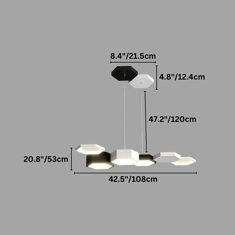 "A diagram showing the dimensions of a multi-head hexagonal pendant light, including individual hexagon size, overall width, height, and drop length in inches and centimeters."