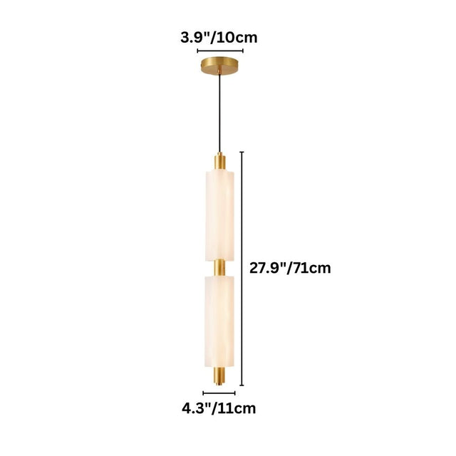"Dimensions of a double-tiered Ceravo pendant light, showing a total height of 27.9 inches (71 cm), a width of 4.3 inches (11 cm), a canopy width of 3.9 inches (10 cm) and a cord length of 59 inches (150 cm)."