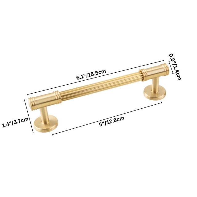 "Dimensions of a smaller sleek brass pull bar with grooved detailing, suitable for modern and classic interiors."