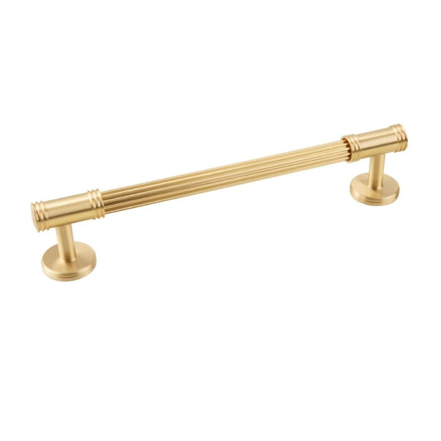"Full view of a sleek brass pull bar with grooved detailing, showcasing a sophisticated and timeless design suitable for modern and classic interiors."