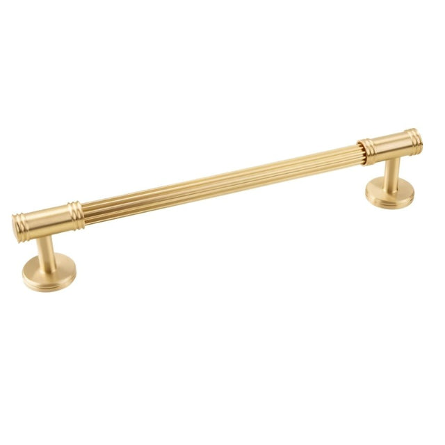 "A sleek brass pull bar with grooved detailing, showcasing a sophisticated and timeless design suitable for modern and classic interiors."