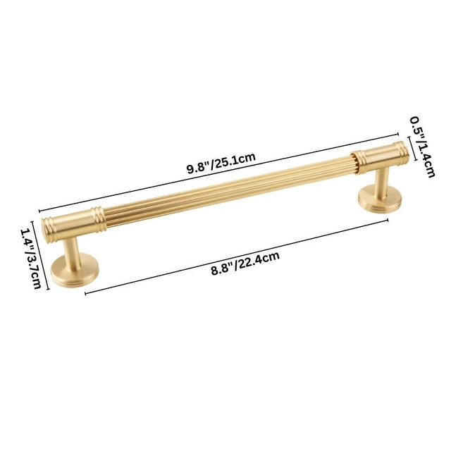"Dimensions of a sleek brass pull bar with grooved detailing, suitable for modern and classic interiors."