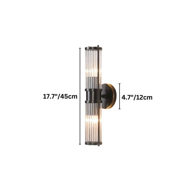 "Dimensions of a modern double wall lamp with clear glass panels, 17.7 inches in height and 4.7 inches in width."