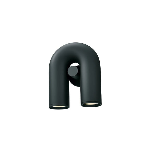 "A black, contemporary wall lamp with a sculptural, looped design and dual, adjustable light sources."