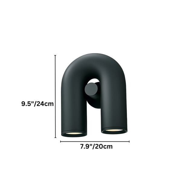 "A contemporary, looped wall lamp with dual light sources, shown in black finish on a white background."