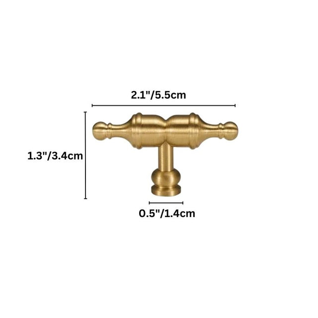 "Dimensions of a brass cabinet knob with a sculptural design."