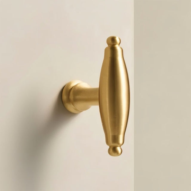 "Polished brass cabinet knob with an elongated, sculptural design."