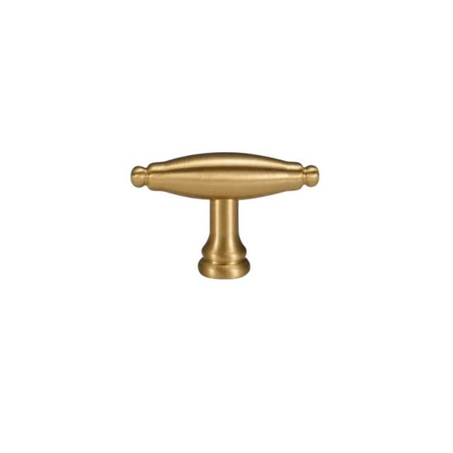 "Brass T-bar cabinet knob with a classic design, isolated on a white background."