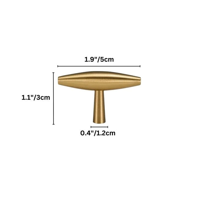 "Dimensions of a modern brass T-bar cabinet pull with a sleek, minimalist design."