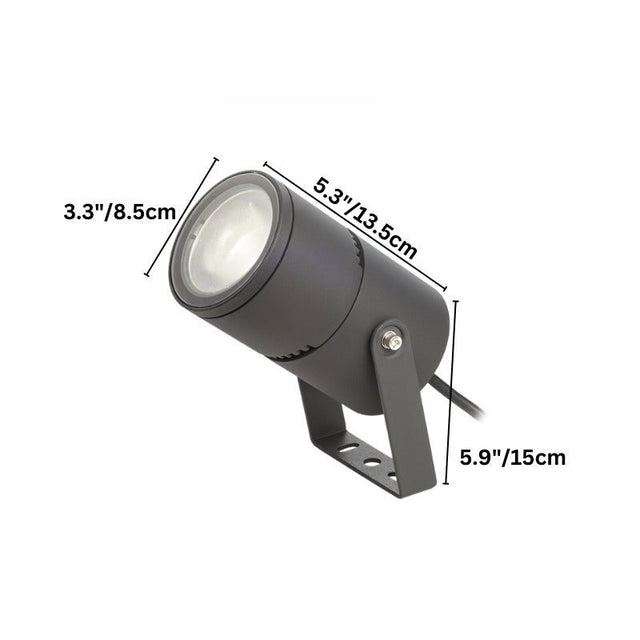 "Black outdoor spotlight with dimensions labeled in inches and centimeters, showing a cylindrical body and adjustable bracket."