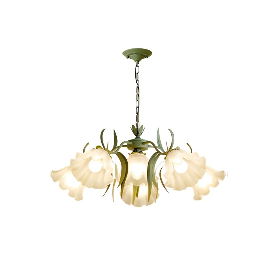 "A 6-light floral chandelier with curved iron stems and frosted glass shades, isolated on a white background."